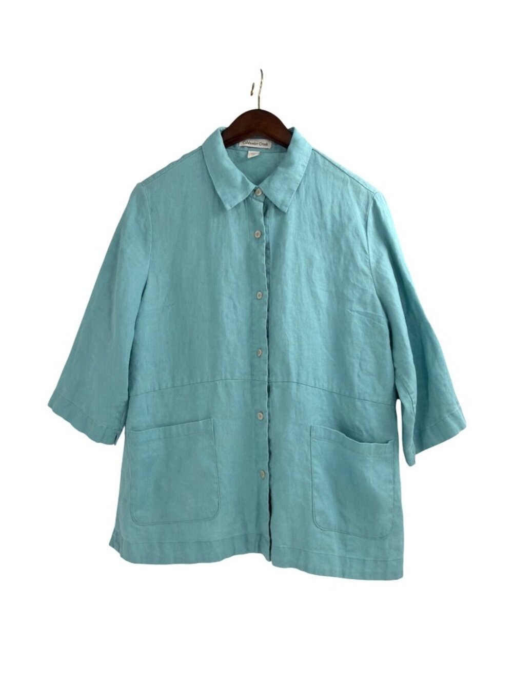 Coldwater Creek Womens Large Petite Button-Up Linen Shirt Turquoise Relaxed